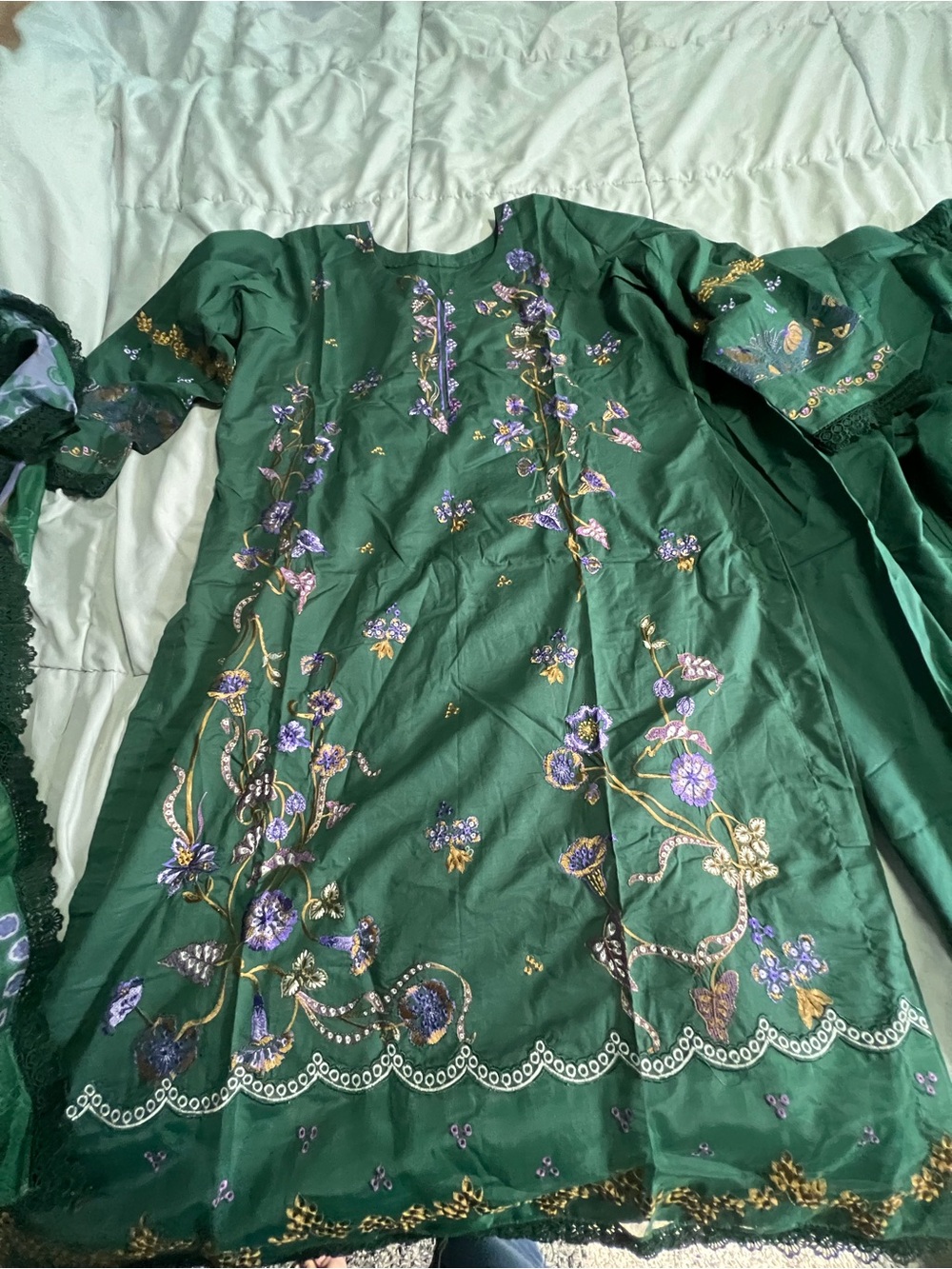 Embroidered Green Floral Kurta